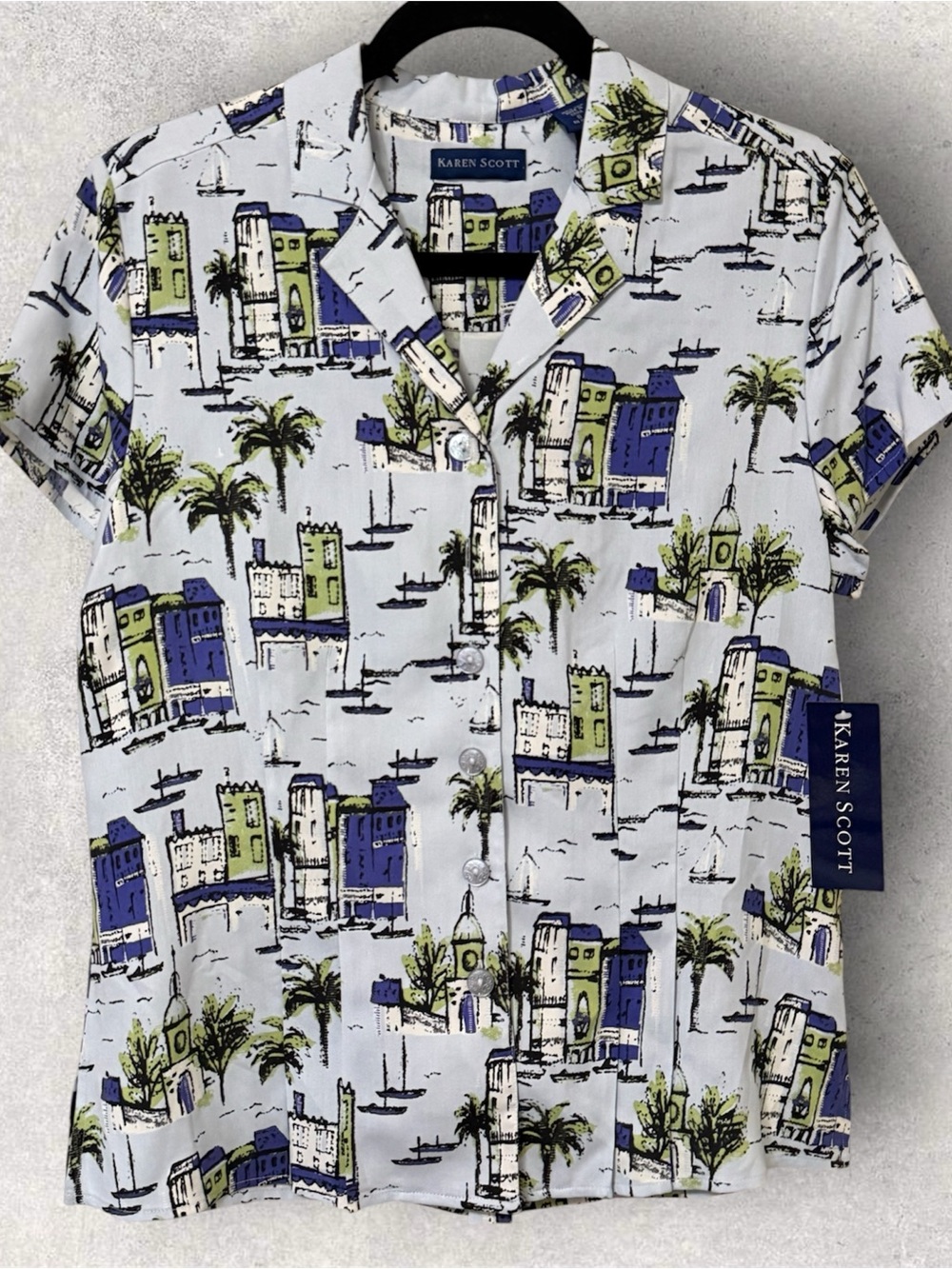 NWT Karen Scott Mediterranean Coastal Print 100% Silk Button Down Shirt Small